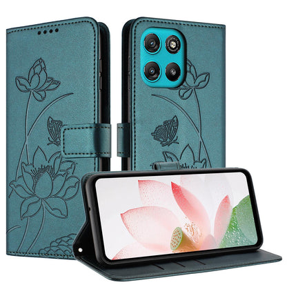 Motorola Moto G57 Power Lotus Embossed PU Leather Wallet Phone Case with Card Holder, Cash Pocket, Magnetic Flip Stand Cover, Wrist Lanyard Strap, Shockproof TPU Protective Folio Case - Purple