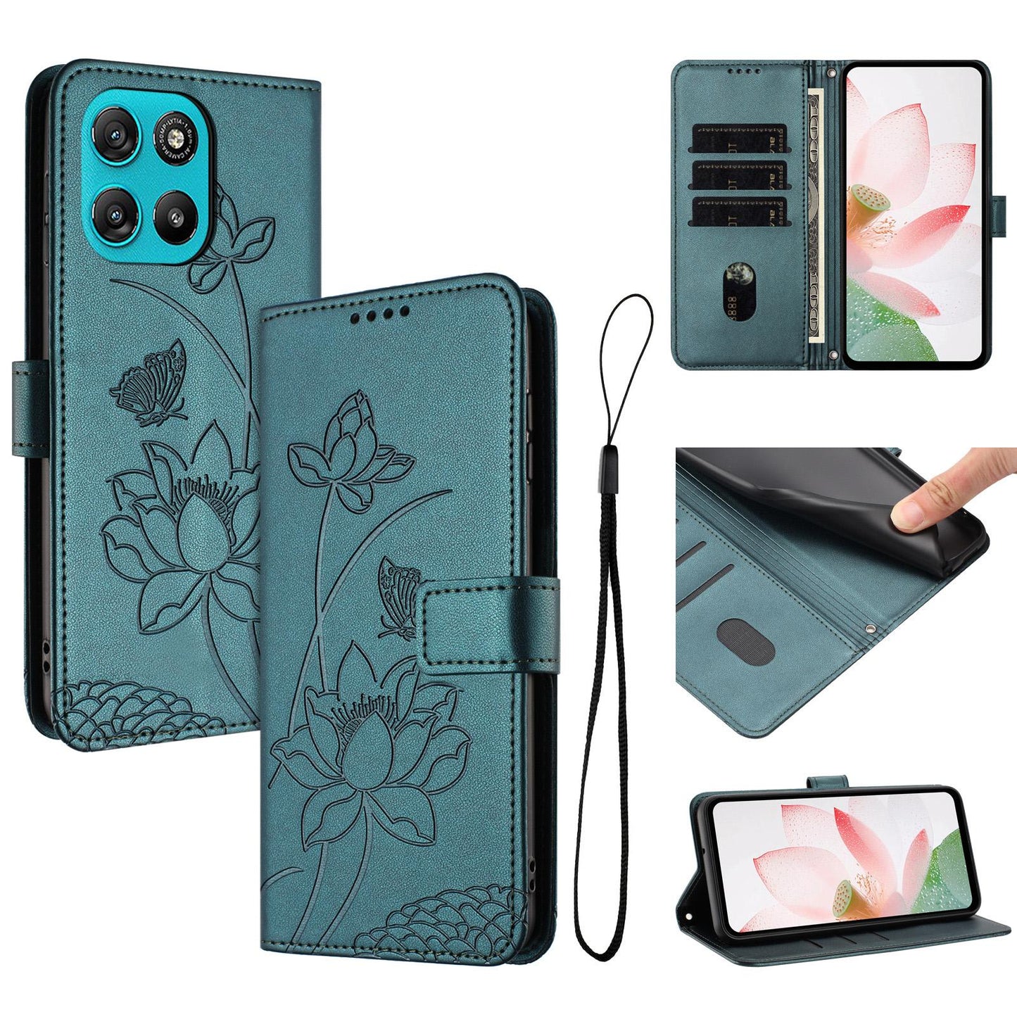 Motorola Moto G57 Power Lotus Embossed PU Leather Wallet Phone Case with Card Holder, Cash Pocket, Magnetic Flip Stand Cover, Wrist Lanyard Strap, Shockproof TPU Protective Folio Case - Purple