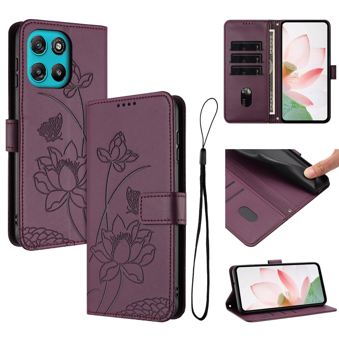 Motorola Moto G57 Power Lotus Embossed PU Leather Wallet Phone Case with Card Holder, Cash Pocket, Magnetic Flip Stand Cover, Wrist Lanyard Strap, Shockproof TPU Protective Folio Case - Purple