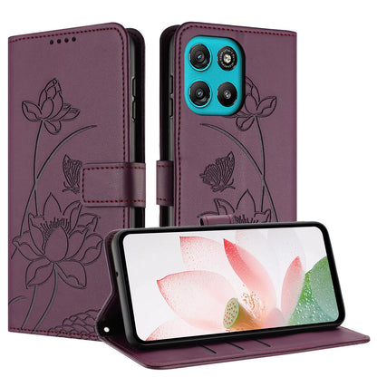 Motorola Moto G67 Power Lotus Embossed PU Leather Wallet Phone Case with Card Holder, Cash Pocket, Magnetic Flip Stand Cover, Wrist Lanyard Strap, Shockproof TPU Protective Folio Case - Purple