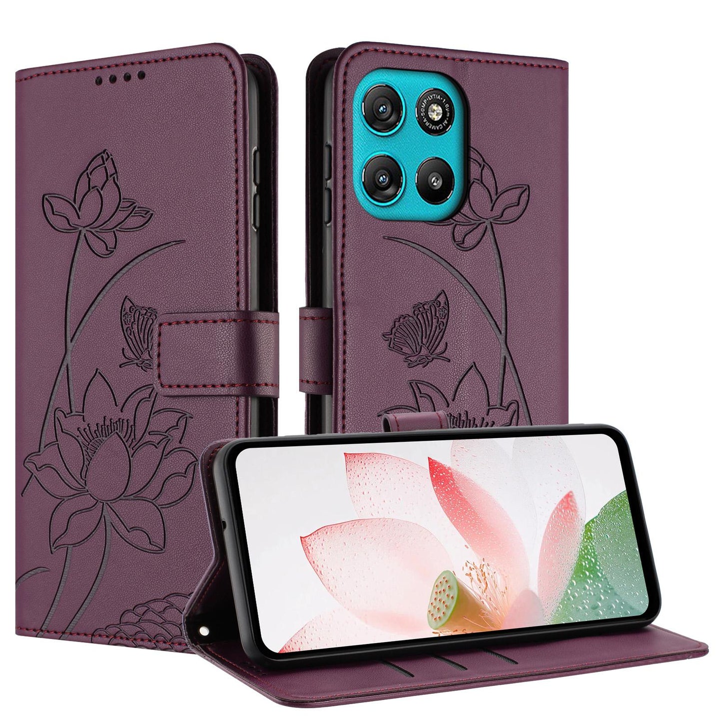 Motorola Moto G57 Power Lotus Embossed PU Leather Wallet Phone Case with Card Holder, Cash Pocket, Magnetic Flip Stand Cover, Wrist Lanyard Strap, Shockproof TPU Protective Folio Case - Purple