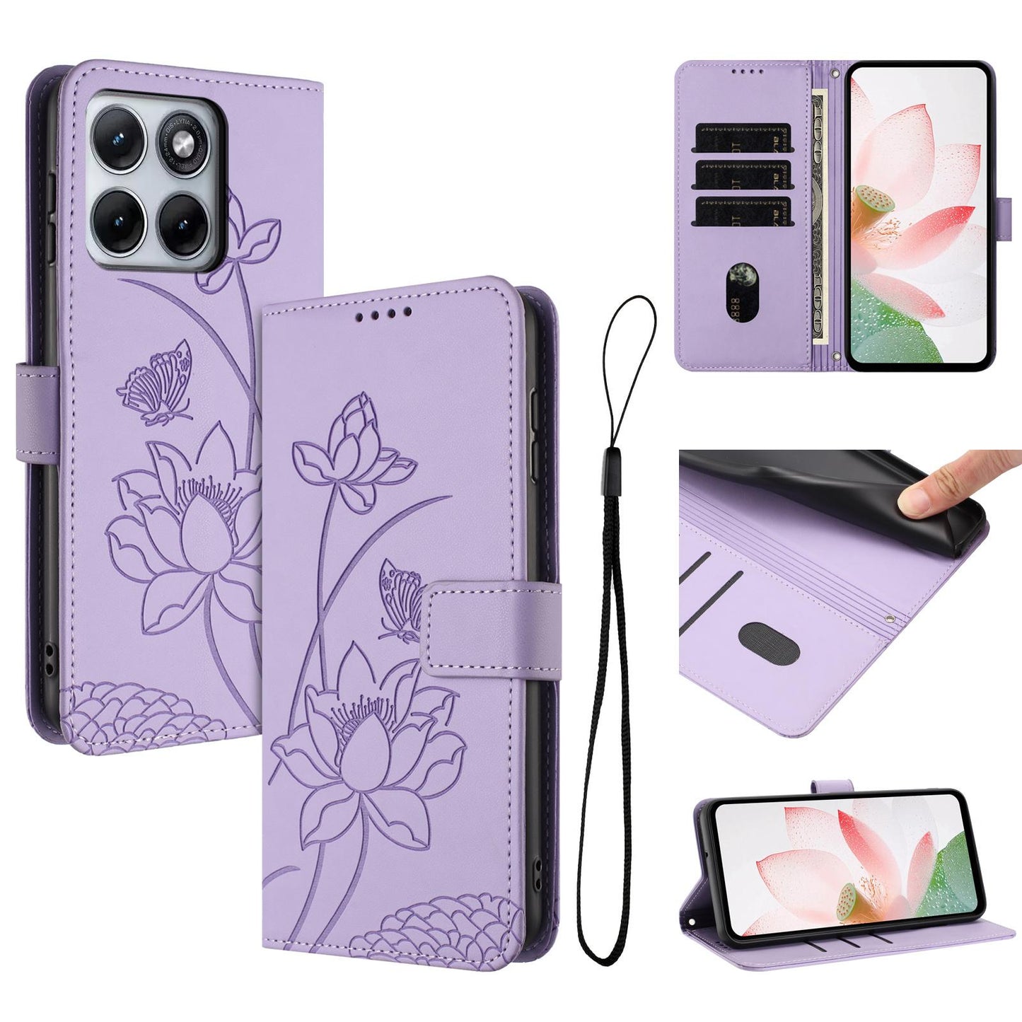 Motorola Edge 70 Fusion Lotus Embossed PU Leather Wallet Phone Case with Card Holder, Cash Pocket, Magnetic Flip Stand Cover, Wrist Lanyard Strap, Shockproof TPU Protective Folio Case - Purple
