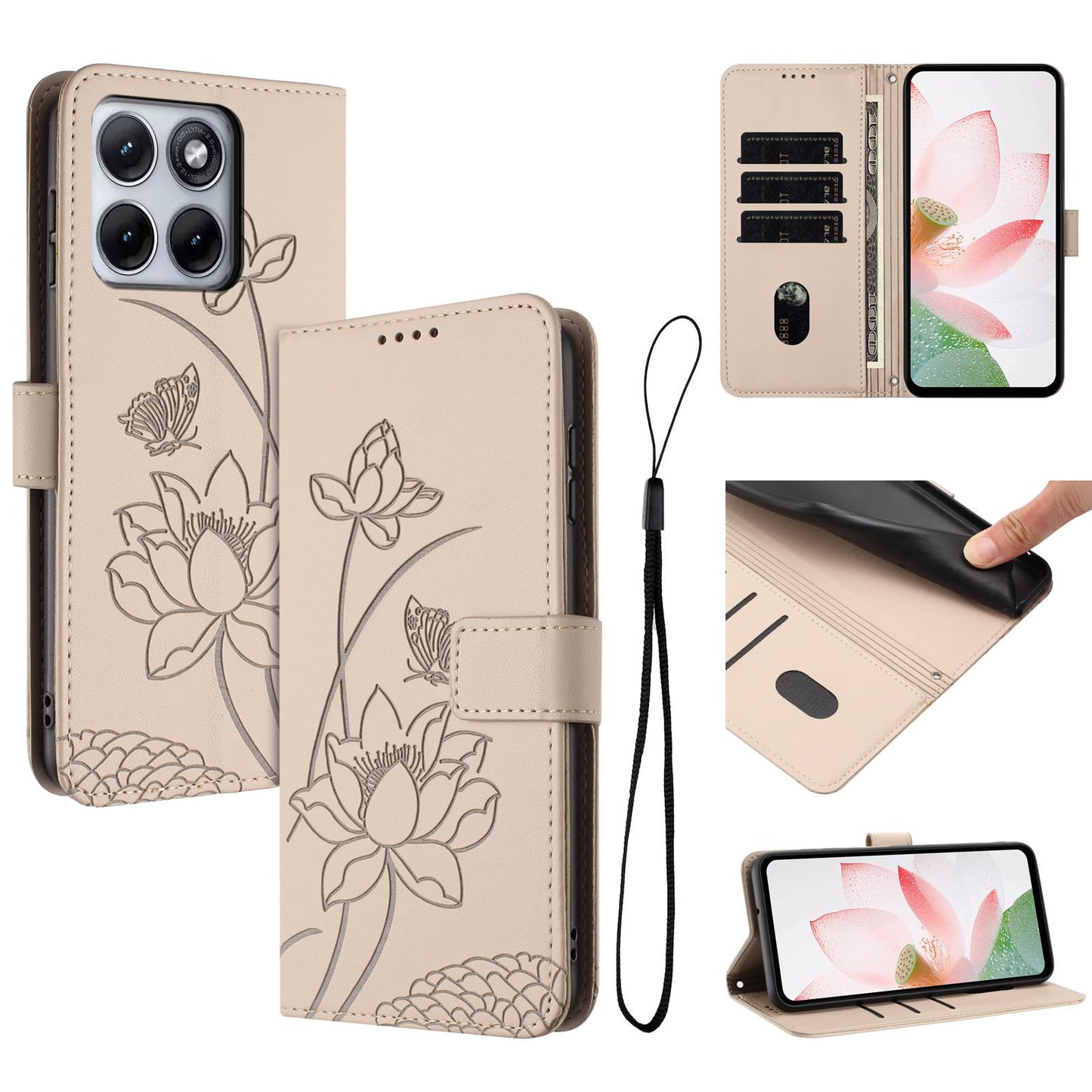 Motorola Edge 70 Fusion Lotus Embossed PU Leather Wallet Phone Case with Card Holder, Cash Pocket, Magnetic Flip Stand Cover, Wrist Lanyard Strap, Shockproof TPU Protective Folio Case - Purple