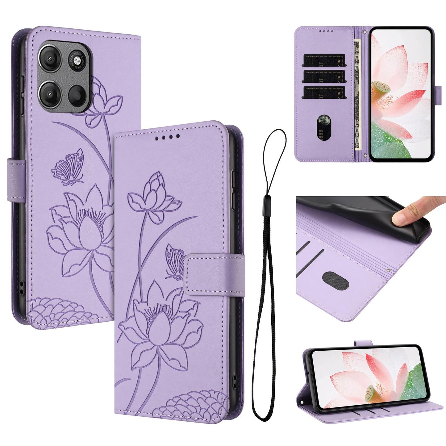 Motorola Moto G17 Lotus Embossed PU Leather Wallet Phone Case with Card Holder, Cash Pocket, Magnetic Flip Stand Cover, Wrist Lanyard Strap, Shockproof TPU Protective Folio Case - Purple