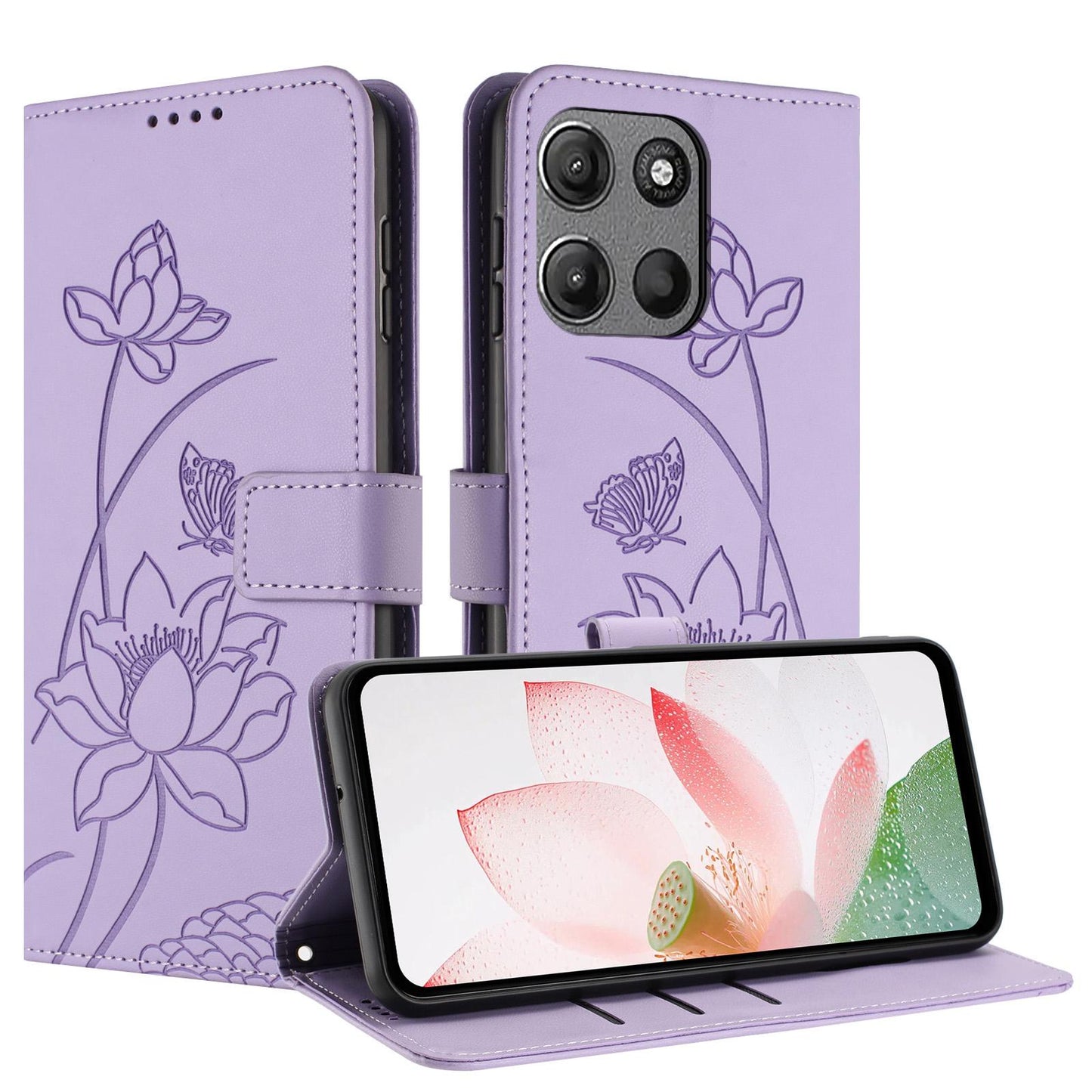 Motorola Moto G17 Lotus Embossed PU Leather Wallet Phone Case with Card Holder, Cash Pocket, Magnetic Flip Stand Cover, Wrist Lanyard Strap, Shockproof TPU Protective Folio Case - Purple