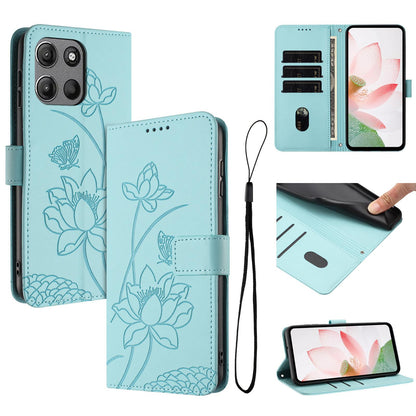 Motorola Moto G17 Lotus Embossed PU Leather Wallet Phone Case with Card Holder, Cash Pocket, Magnetic Flip Stand Cover, Wrist Lanyard Strap, Shockproof TPU Protective Folio Case - Purple