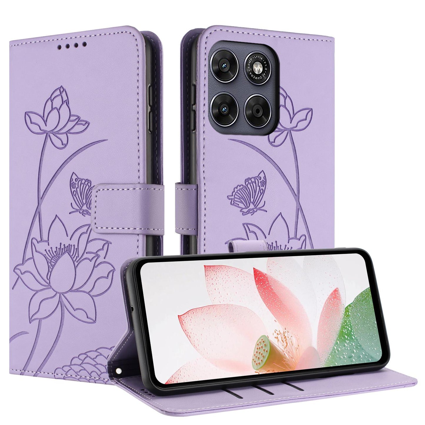 Motorola Moto G67 Lotus Embossed PU Leather Wallet Phone Case with Card Holder, Cash Pocket, Magnetic Flip Stand Cover, Wrist Lanyard Strap, Shockproof TPU Protective Folio Case - Purple