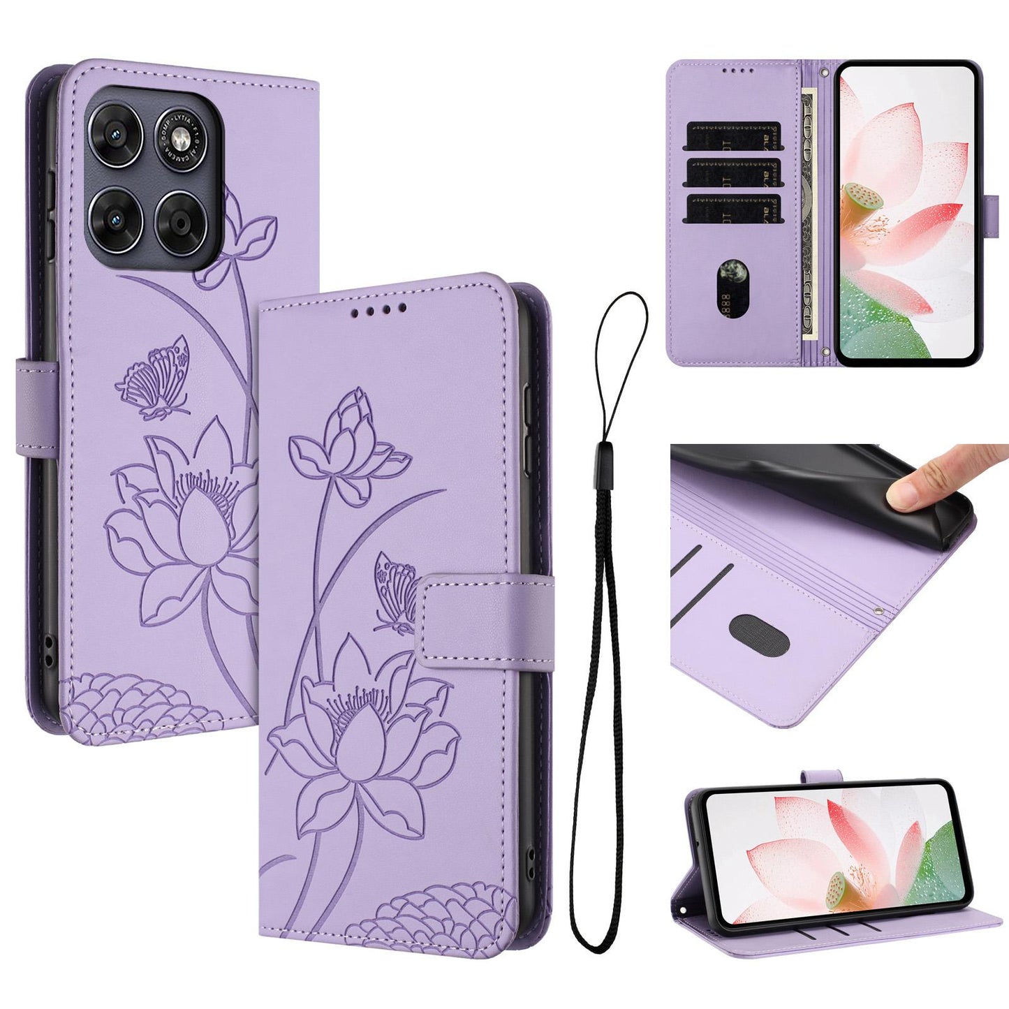 Motorola Moto G77 5G Lotus Embossed PU Leather Wallet Phone Case with Card Holder, Cash Pocket, Magnetic Flip Stand Cover, Wrist Lanyard Strap, Shockproof TPU Protective Folio Case - Purple