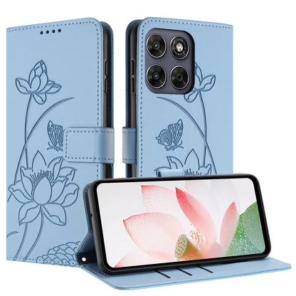 Motorola Moto G67 Lotus Embossed PU Leather Wallet Phone Case with Card Holder, Cash Pocket, Magnetic Flip Stand Cover, Wrist Lanyard Strap, Shockproof TPU Protective Folio Case - Purple