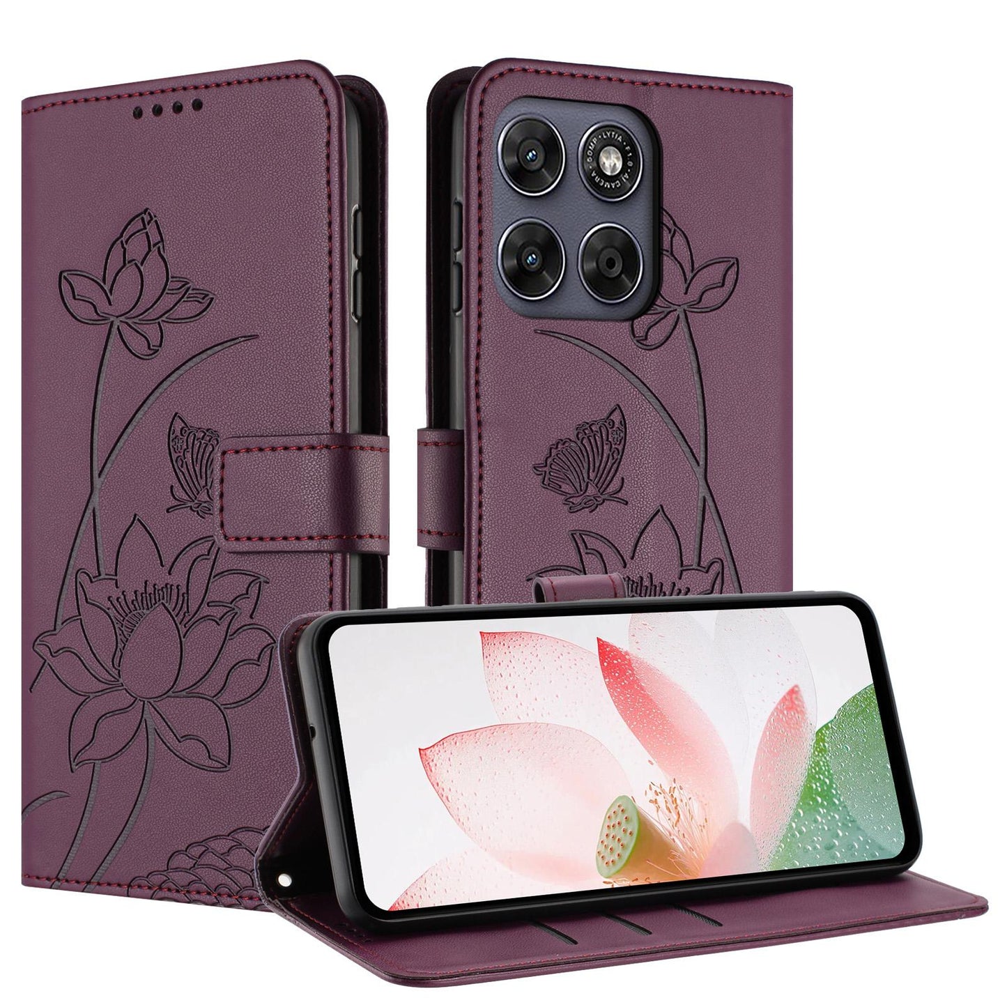 Motorola Moto G77 5G Lotus Embossed PU Leather Wallet Phone Case with Card Holder, Cash Pocket, Magnetic Flip Stand Cover, Wrist Lanyard Strap, Shockproof TPU Protective Folio Case - Purple