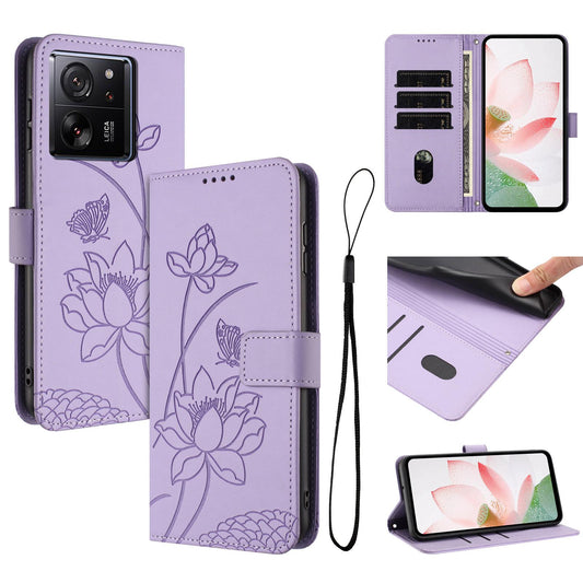 Xiaomi 13T Lotus Embossed PU Leather Wallet Phone Case with Card Holder, Cash Pocket, Magnetic Flip Stand Cover, Wrist Lanyard Strap, Shockproof TPU Protective Folio Case - Purple