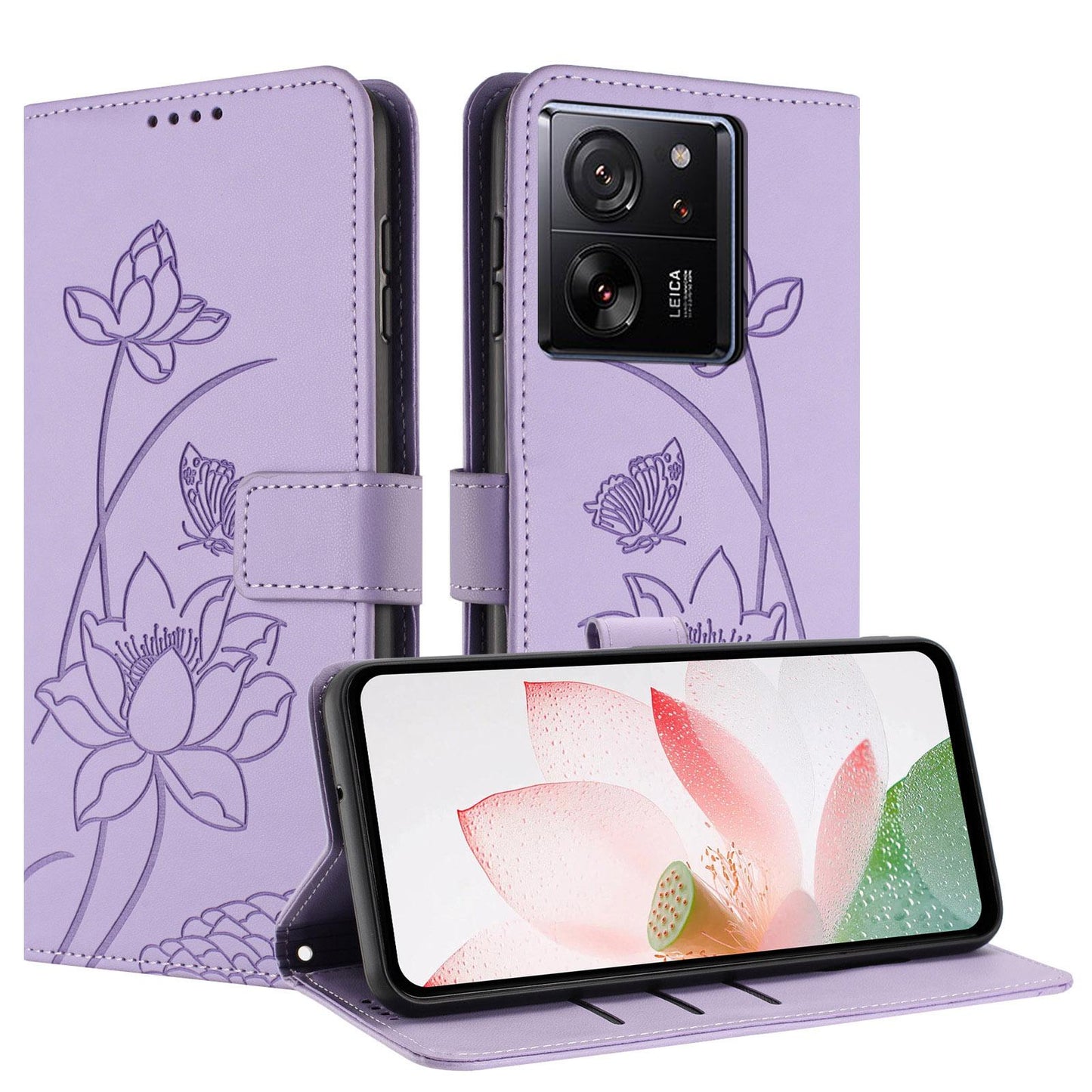 Xiaomi 13T Pro Lotus Embossed PU Leather Wallet Phone Case with Card Holder, Cash Pocket, Magnetic Flip Stand Cover, Wrist Lanyard Strap, Shockproof TPU Protective Folio Case - Purple