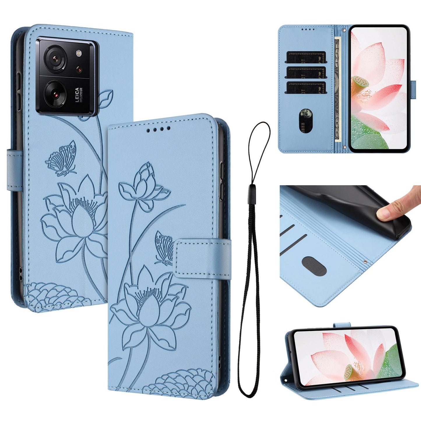 Xiaomi 13T Lotus Embossed PU Leather Wallet Phone Case with Card Holder, Cash Pocket, Magnetic Flip Stand Cover, Wrist Lanyard Strap, Shockproof TPU Protective Folio Case - Purple