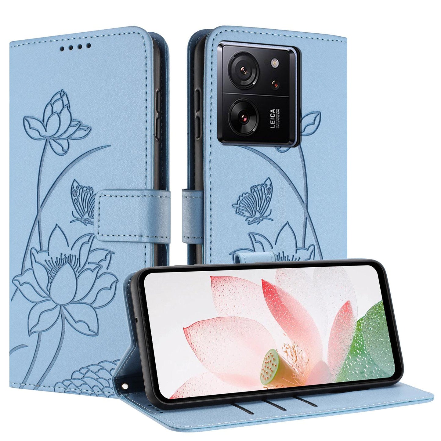 Xiaomi 13T Lotus Embossed PU Leather Wallet Phone Case with Card Holder, Cash Pocket, Magnetic Flip Stand Cover, Wrist Lanyard Strap, Shockproof TPU Protective Folio Case - Purple