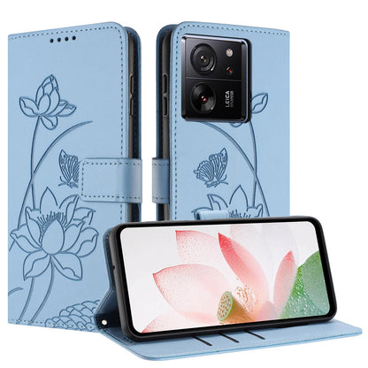 Xiaomi 13T Lotus Embossed PU Leather Wallet Phone Case with Card Holder, Cash Pocket, Magnetic Flip Stand Cover, Wrist Lanyard Strap, Shockproof TPU Protective Folio Case - Purple