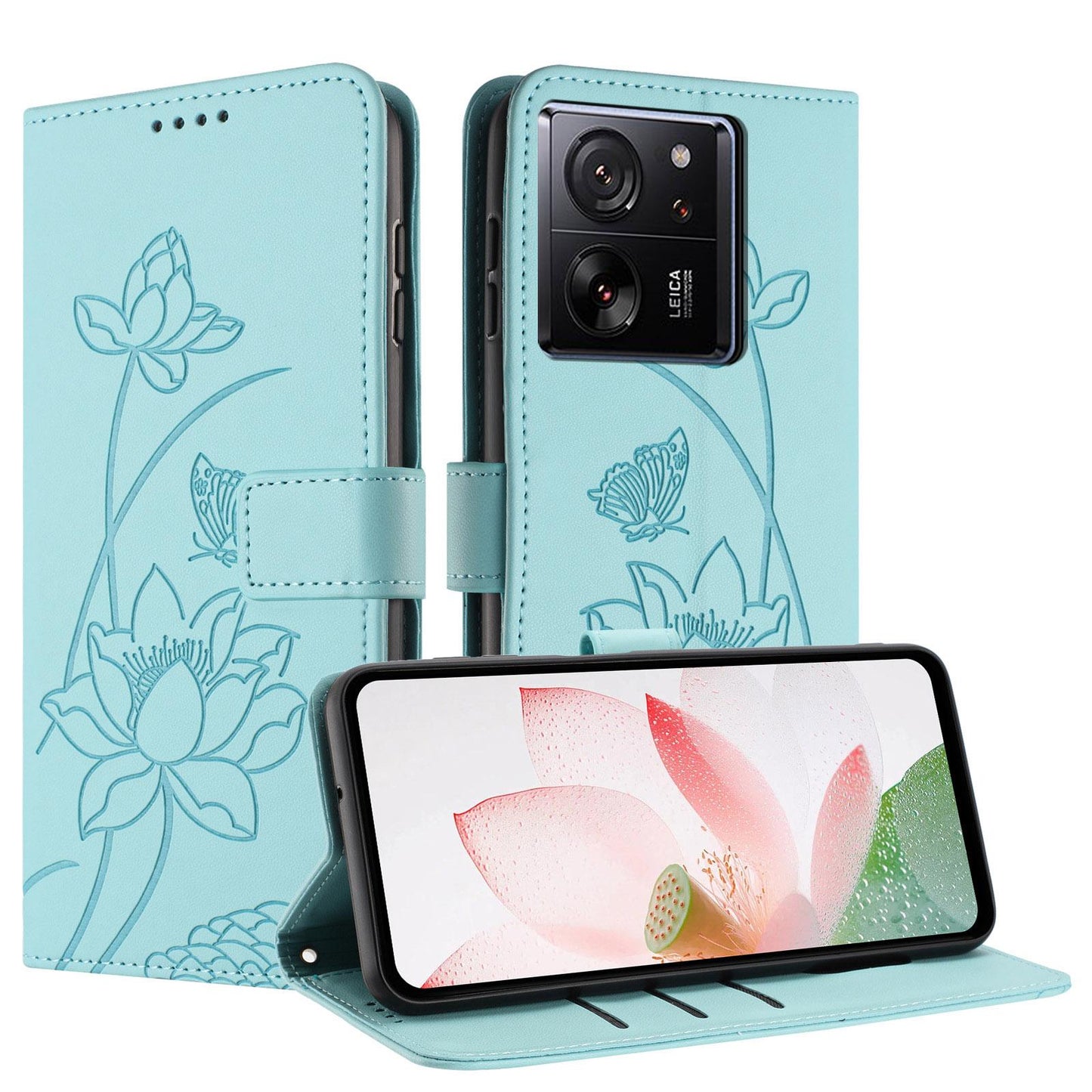 Xiaomi 13T Lotus Embossed PU Leather Wallet Phone Case with Card Holder, Cash Pocket, Magnetic Flip Stand Cover, Wrist Lanyard Strap, Shockproof TPU Protective Folio Case - Purple