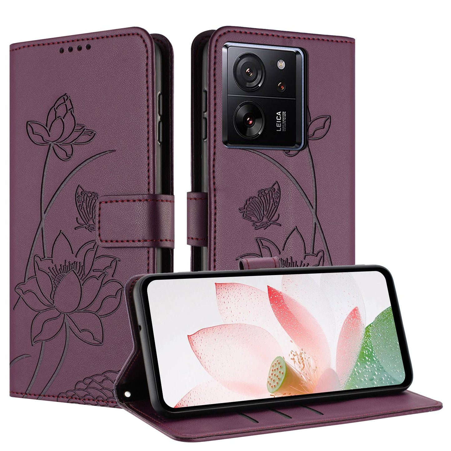Xiaomi 13T Pro Lotus Embossed PU Leather Wallet Phone Case with Card Holder, Cash Pocket, Magnetic Flip Stand Cover, Wrist Lanyard Strap, Shockproof TPU Protective Folio Case - Purple