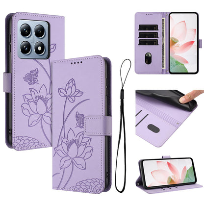 Xiaomi 14T Lotus Embossed PU Leather Wallet Phone Case with Card Holder, Cash Pocket, Magnetic Flip Stand Cover, Wrist Lanyard Strap, Shockproof TPU Protective Folio Case - Purple