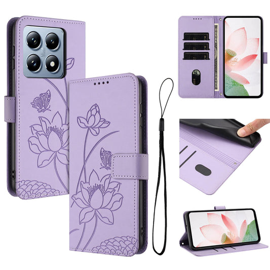 Xiaomi 14T Lotus Embossed PU Leather Wallet Phone Case with Card Holder, Cash Pocket, Magnetic Flip Stand Cover, Wrist Lanyard Strap, Shockproof TPU Protective Folio Case - Purple