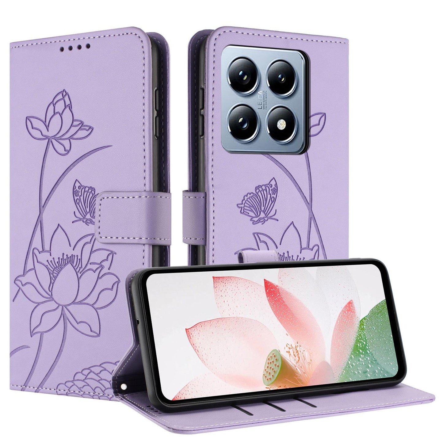 Xiaomi 14T Lotus Embossed PU Leather Wallet Phone Case with Card Holder, Cash Pocket, Magnetic Flip Stand Cover, Wrist Lanyard Strap, Shockproof TPU Protective Folio Case - Purple