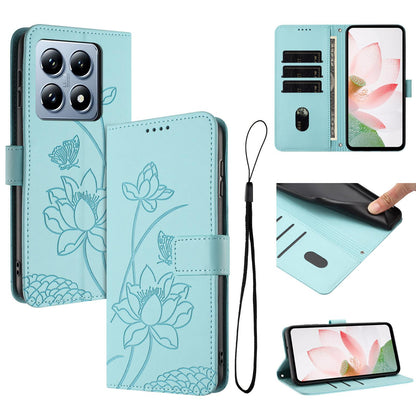 Xiaomi 14T Lotus Embossed PU Leather Wallet Phone Case with Card Holder, Cash Pocket, Magnetic Flip Stand Cover, Wrist Lanyard Strap, Shockproof TPU Protective Folio Case - Purple