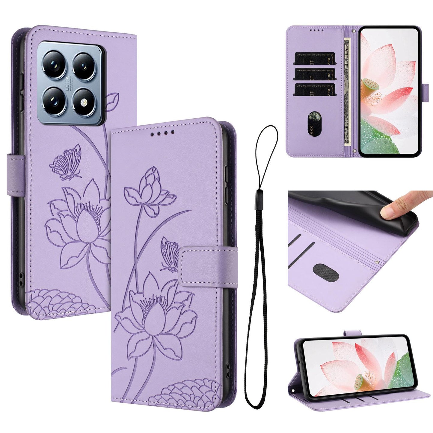 Xiaomi 14T Pro Lotus Embossed PU Leather Wallet Phone Case with Card Holder, Cash Pocket, Magnetic Flip Stand Cover, Wrist Lanyard Strap, Shockproof TPU Protective Folio Case - Purple