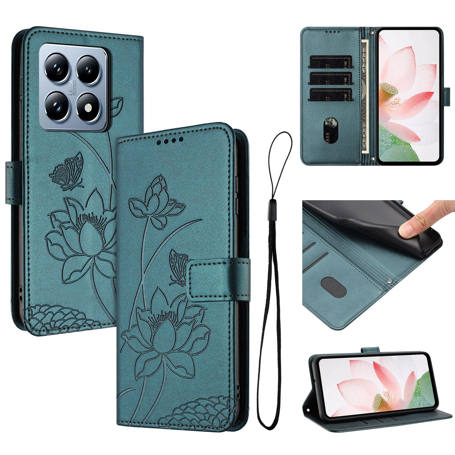 Xiaomi 14T Pro Lotus Embossed PU Leather Wallet Phone Case with Card Holder, Cash Pocket, Magnetic Flip Stand Cover, Wrist Lanyard Strap, Shockproof TPU Protective Folio Case - Purple