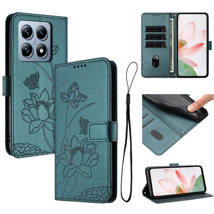 Xiaomi 14T Pro Lotus Embossed PU Leather Wallet Phone Case with Card Holder, Cash Pocket, Magnetic Flip Stand Cover, Wrist Lanyard Strap, Shockproof TPU Protective Folio Case - Purple
