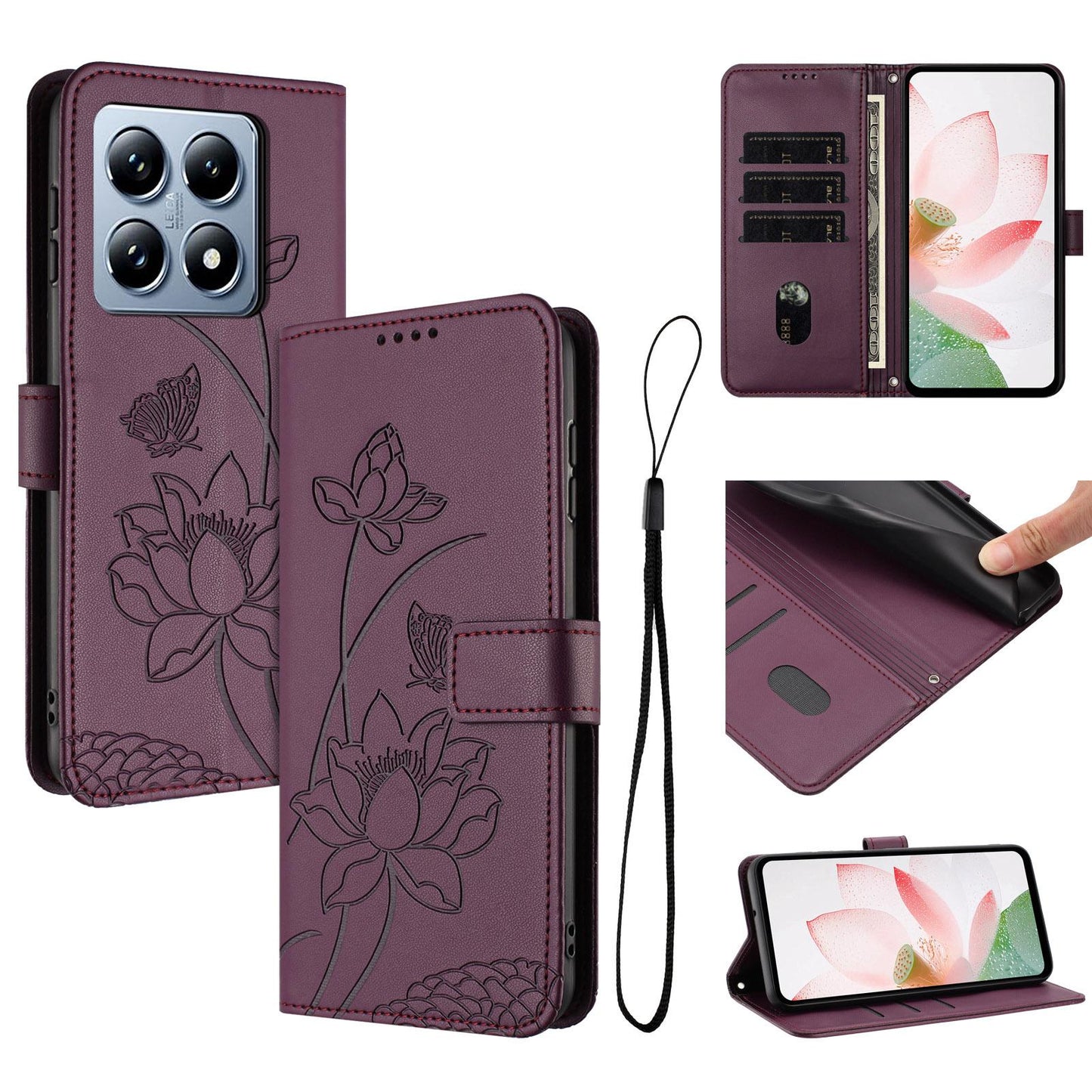 Xiaomi 14T Pro Lotus Embossed PU Leather Wallet Phone Case with Card Holder, Cash Pocket, Magnetic Flip Stand Cover, Wrist Lanyard Strap, Shockproof TPU Protective Folio Case - Purple
