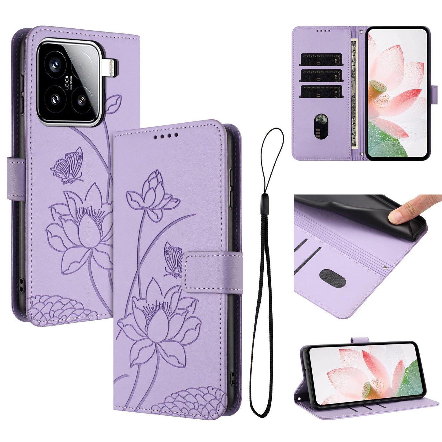 Xiaomi 15 Lotus Embossed PU Leather Wallet Phone Case with Card Holder, Cash Pocket, Magnetic Flip Stand Cover, Wrist Lanyard Strap, Shockproof TPU Protective Folio Case - Purple