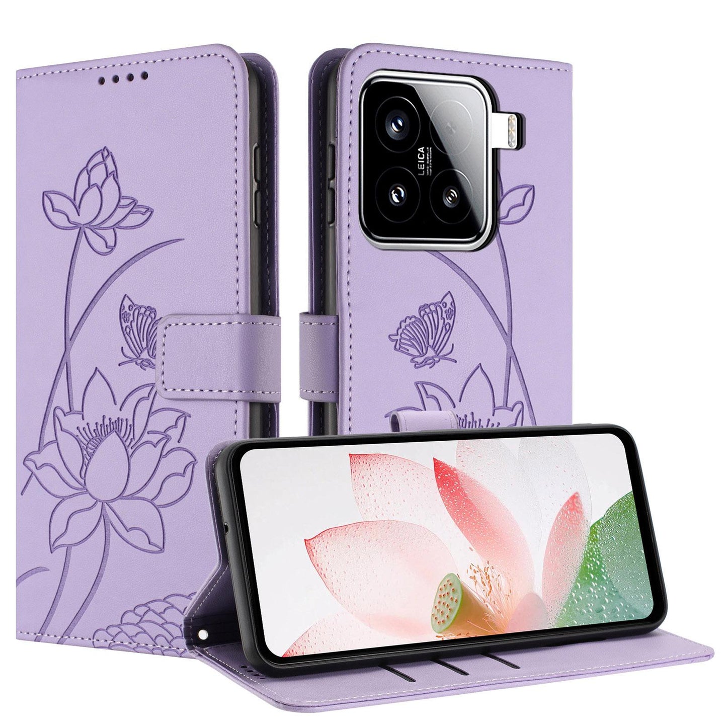 Xiaomi 15 Lotus Embossed PU Leather Wallet Phone Case with Card Holder, Cash Pocket, Magnetic Flip Stand Cover, Wrist Lanyard Strap, Shockproof TPU Protective Folio Case - Purple