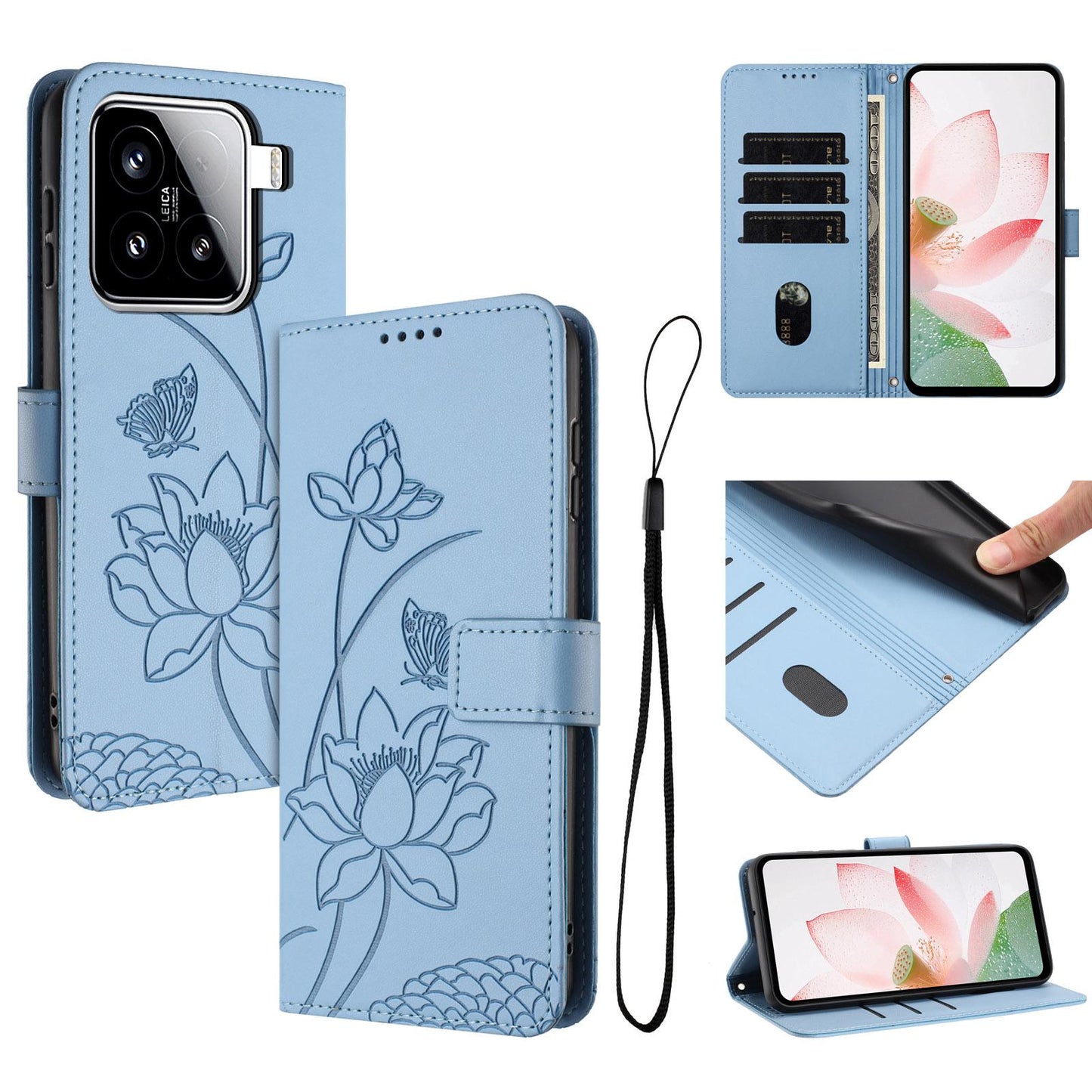 Xiaomi 15 Lotus Embossed PU Leather Wallet Phone Case with Card Holder, Cash Pocket, Magnetic Flip Stand Cover, Wrist Lanyard Strap, Shockproof TPU Protective Folio Case - Purple