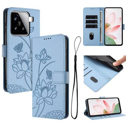 Xiaomi 15 Lotus Embossed PU Leather Wallet Phone Case with Card Holder, Cash Pocket, Magnetic Flip Stand Cover, Wrist Lanyard Strap, Shockproof TPU Protective Folio Case - Purple