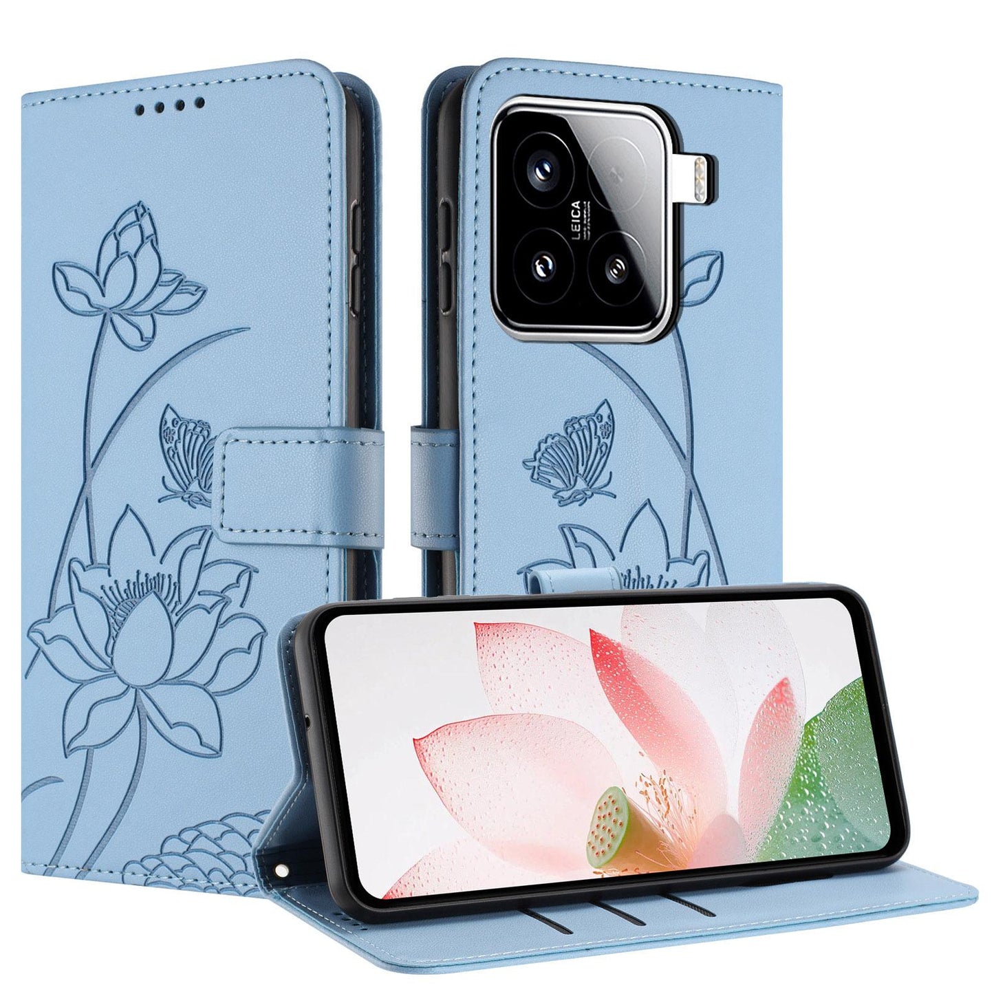 Xiaomi 15 Lotus Embossed PU Leather Wallet Phone Case with Card Holder, Cash Pocket, Magnetic Flip Stand Cover, Wrist Lanyard Strap, Shockproof TPU Protective Folio Case - Purple