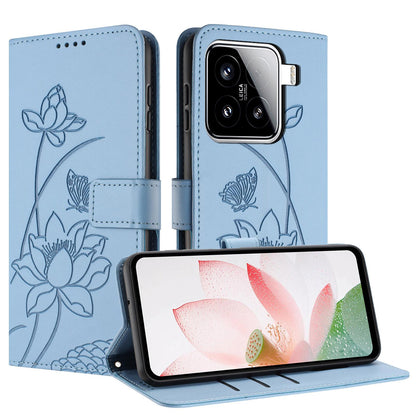 Xiaomi 15 Lotus Embossed PU Leather Wallet Phone Case with Card Holder, Cash Pocket, Magnetic Flip Stand Cover, Wrist Lanyard Strap, Shockproof TPU Protective Folio Case - Purple