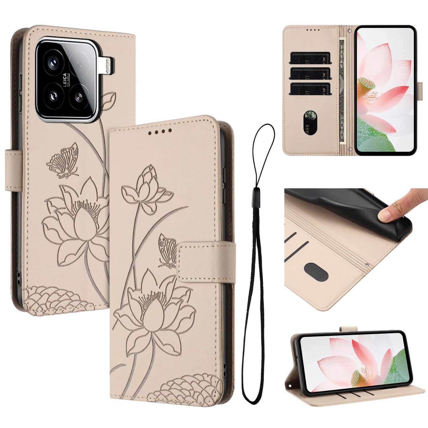 Xiaomi 15 Lotus Embossed PU Leather Wallet Phone Case with Card Holder, Cash Pocket, Magnetic Flip Stand Cover, Wrist Lanyard Strap, Shockproof TPU Protective Folio Case - Purple