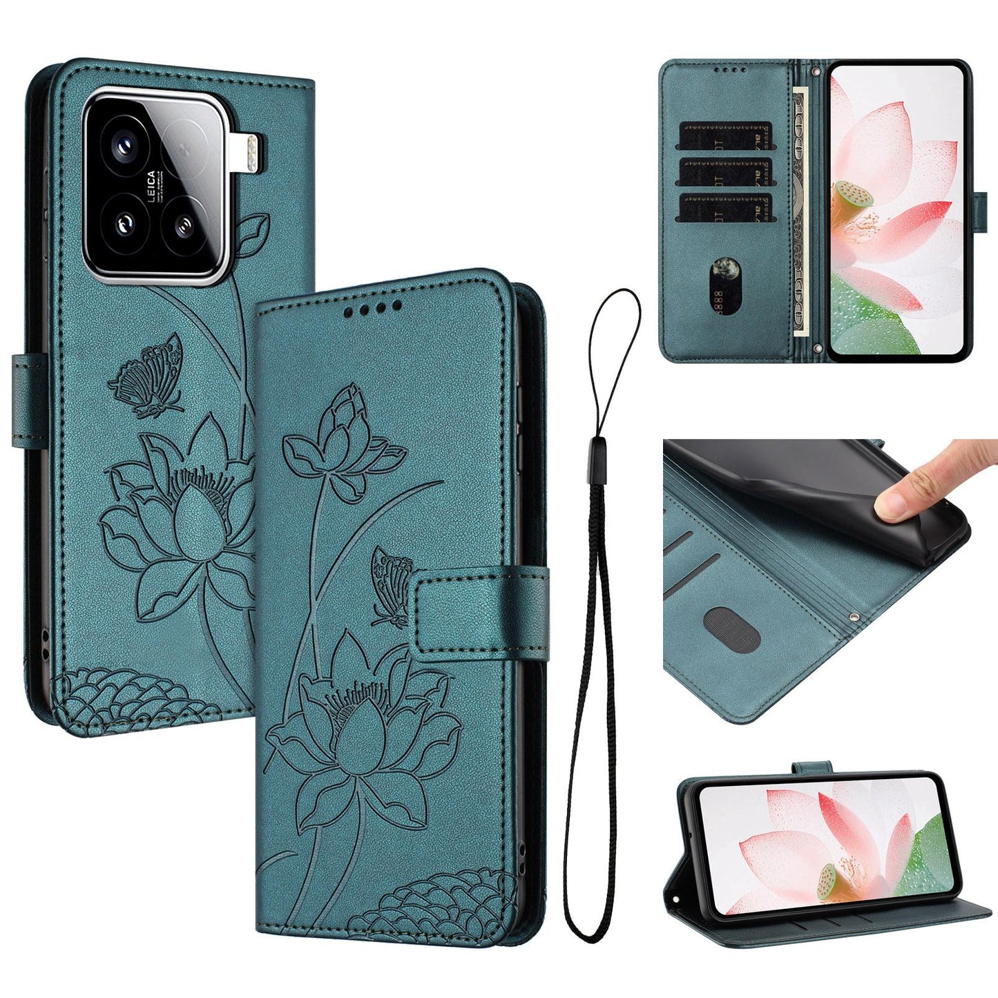 Xiaomi 15 Lotus Embossed PU Leather Wallet Phone Case with Card Holder, Cash Pocket, Magnetic Flip Stand Cover, Wrist Lanyard Strap, Shockproof TPU Protective Folio Case - Purple