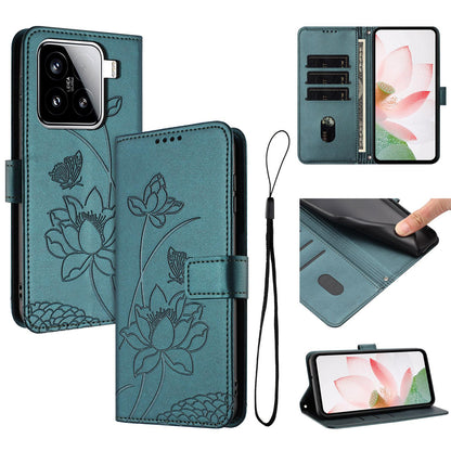 Xiaomi 15 Lotus Embossed PU Leather Wallet Phone Case with Card Holder, Cash Pocket, Magnetic Flip Stand Cover, Wrist Lanyard Strap, Shockproof TPU Protective Folio Case - Purple