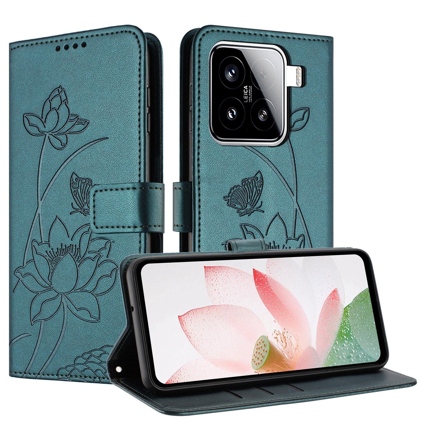 Xiaomi 15 Lotus Embossed PU Leather Wallet Phone Case with Card Holder, Cash Pocket, Magnetic Flip Stand Cover, Wrist Lanyard Strap, Shockproof TPU Protective Folio Case - Purple