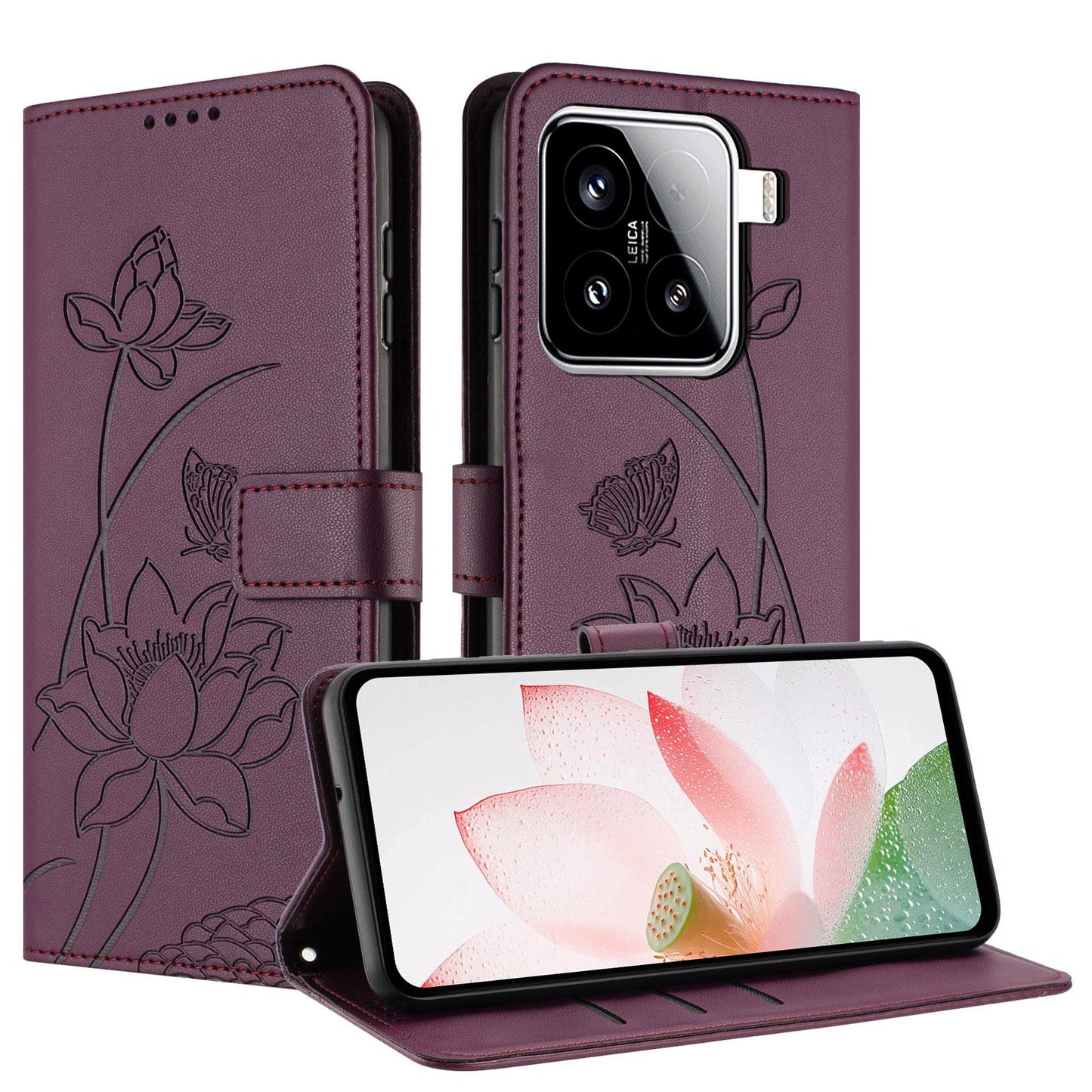 Xiaomi 15 Lotus Embossed PU Leather Wallet Phone Case with Card Holder, Cash Pocket, Magnetic Flip Stand Cover, Wrist Lanyard Strap, Shockproof TPU Protective Folio Case - Purple