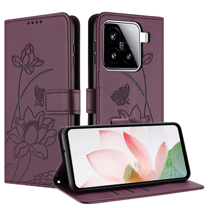 Xiaomi 15 Lotus Embossed PU Leather Wallet Phone Case with Card Holder, Cash Pocket, Magnetic Flip Stand Cover, Wrist Lanyard Strap, Shockproof TPU Protective Folio Case - Purple