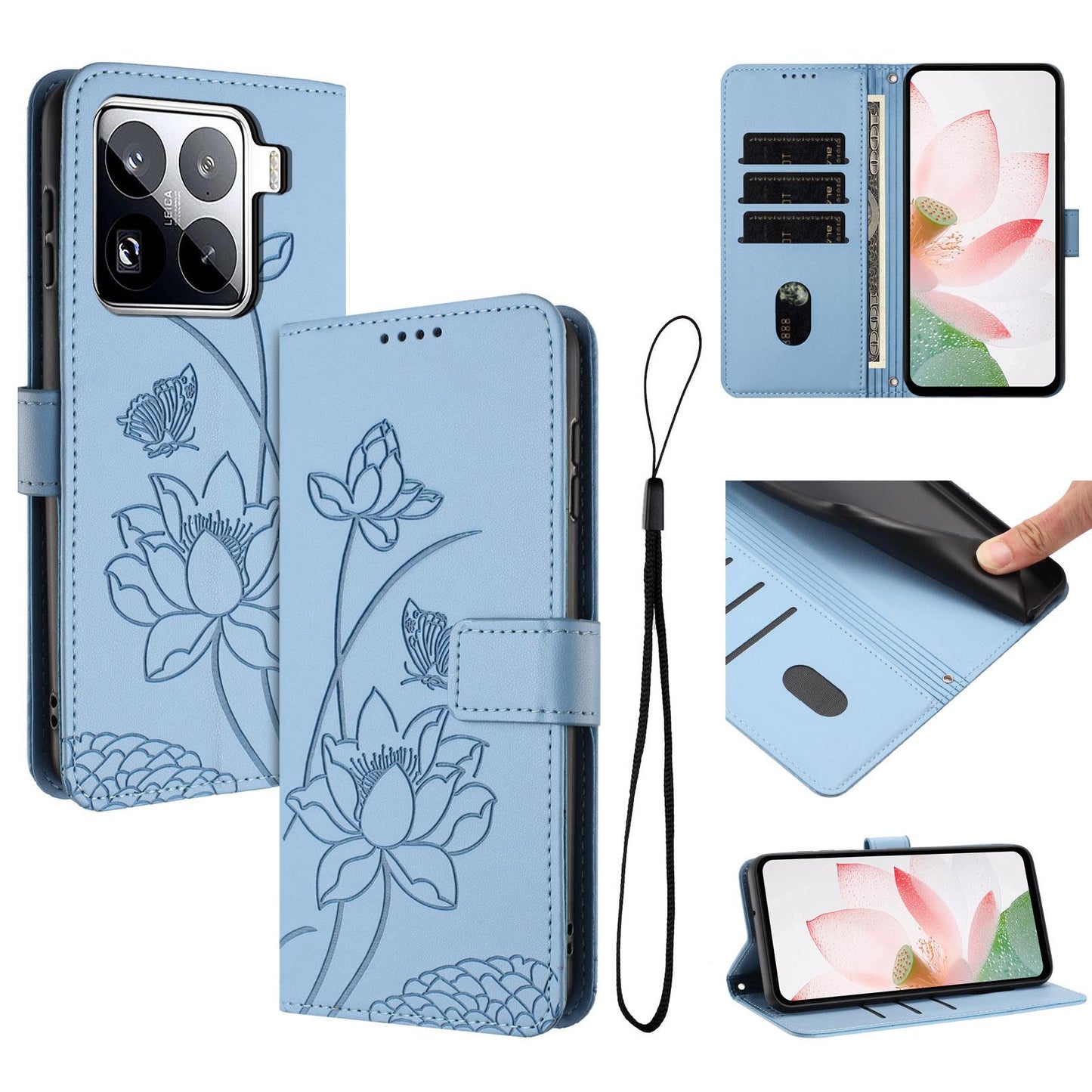 Xiaomi 15 Pro Lotus Embossed PU Leather Wallet Phone Case with Card Holder, Cash Pocket, Magnetic Flip Stand Cover, Wrist Lanyard Strap, Shockproof TPU Protective Folio Case - Purple