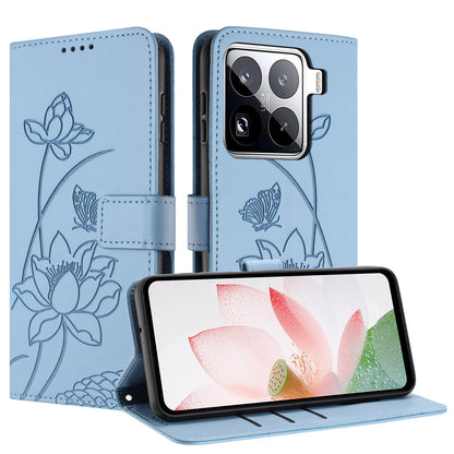 Xiaomi 15 Pro Lotus Embossed PU Leather Wallet Phone Case with Card Holder, Cash Pocket, Magnetic Flip Stand Cover, Wrist Lanyard Strap, Shockproof TPU Protective Folio Case - Purple