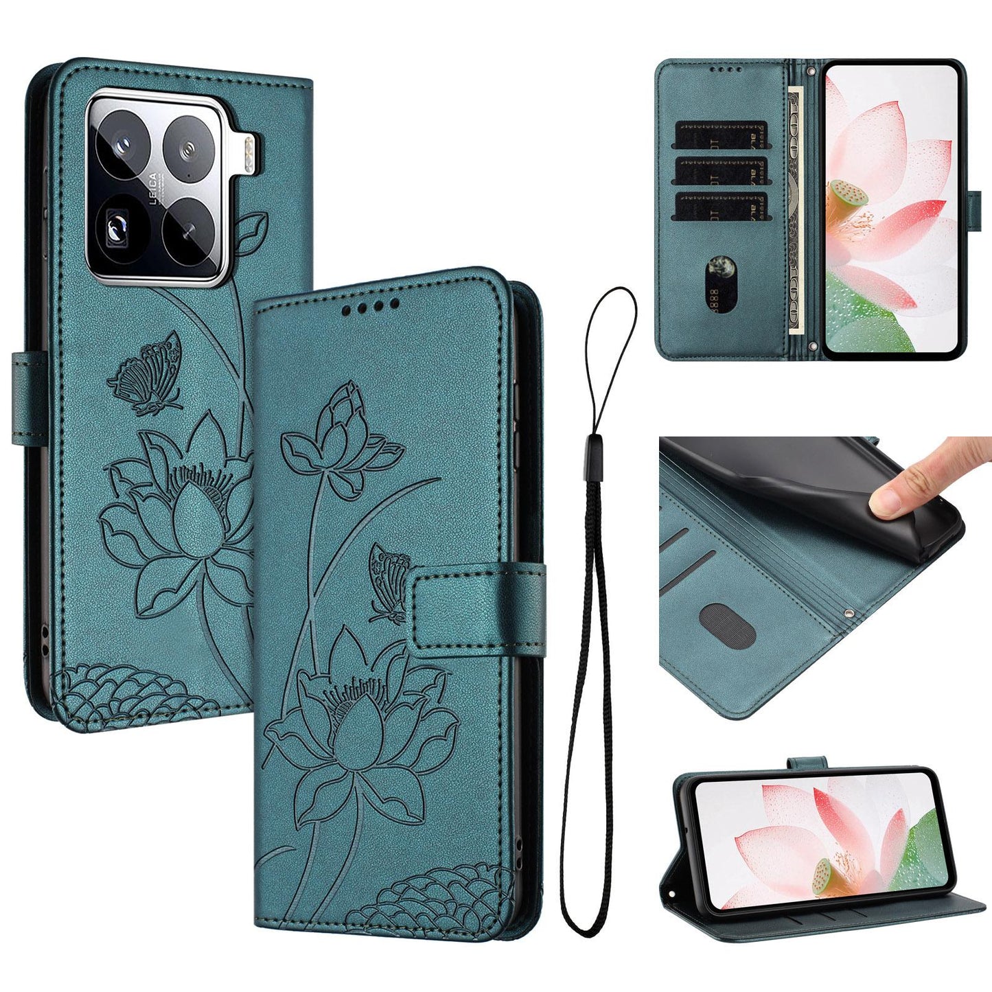 Xiaomi 15 Pro Lotus Embossed PU Leather Wallet Phone Case with Card Holder, Cash Pocket, Magnetic Flip Stand Cover, Wrist Lanyard Strap, Shockproof TPU Protective Folio Case - Purple