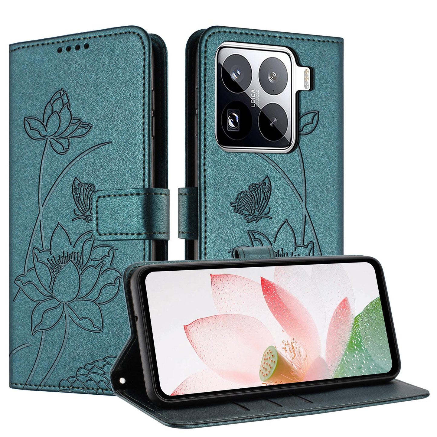 Xiaomi 15 Pro Lotus Embossed PU Leather Wallet Phone Case with Card Holder, Cash Pocket, Magnetic Flip Stand Cover, Wrist Lanyard Strap, Shockproof TPU Protective Folio Case - Purple