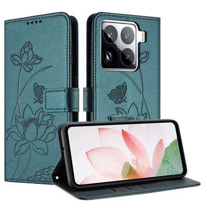 Xiaomi 15 Pro Lotus Embossed PU Leather Wallet Phone Case with Card Holder, Cash Pocket, Magnetic Flip Stand Cover, Wrist Lanyard Strap, Shockproof TPU Protective Folio Case - Purple