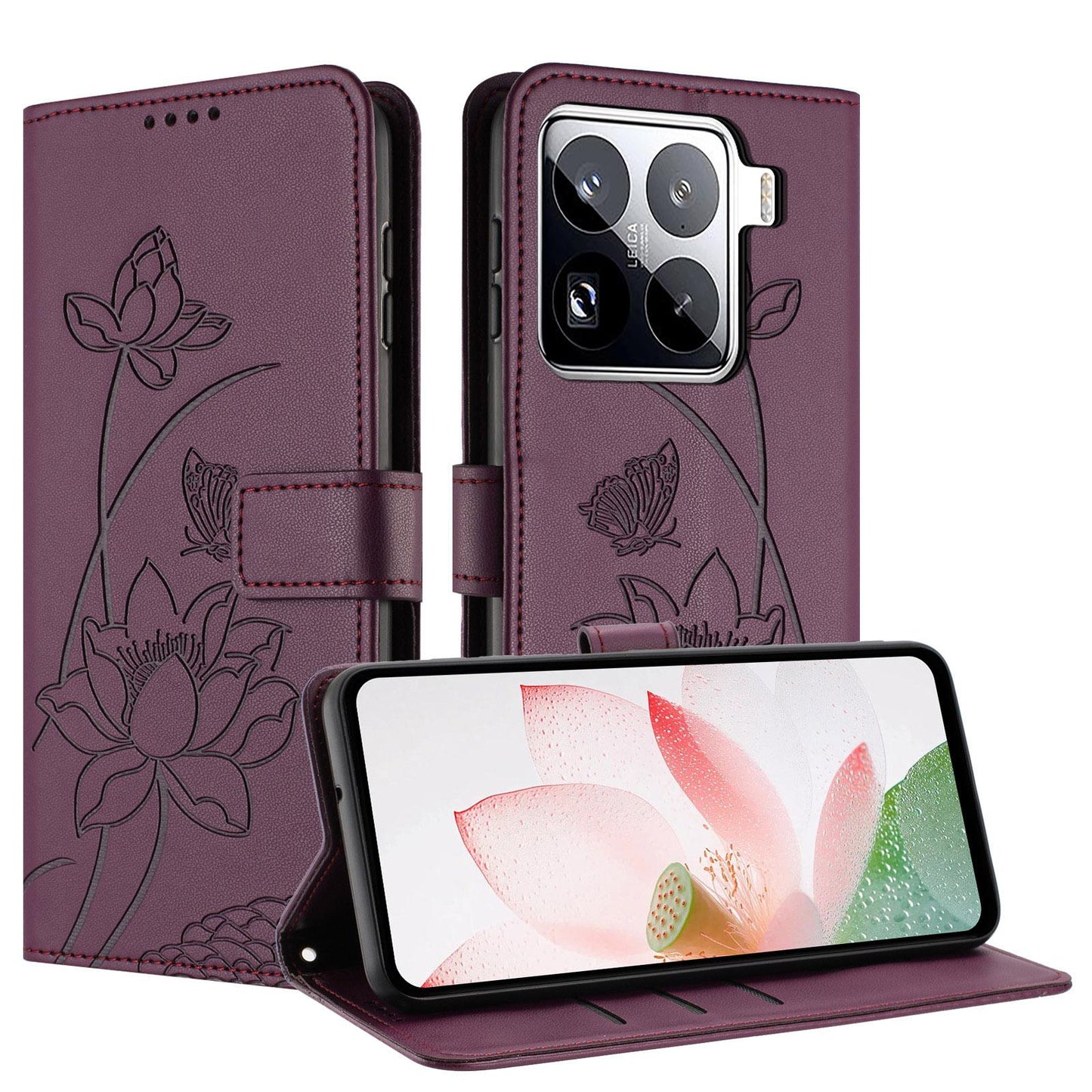 Xiaomi 15 Pro Lotus Embossed PU Leather Wallet Phone Case with Card Holder, Cash Pocket, Magnetic Flip Stand Cover, Wrist Lanyard Strap, Shockproof TPU Protective Folio Case - Purple