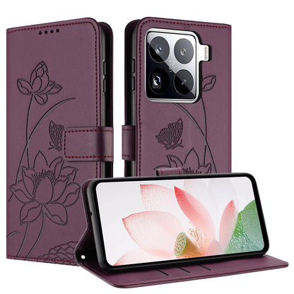 Xiaomi 15 Pro Lotus Embossed PU Leather Wallet Phone Case with Card Holder, Cash Pocket, Magnetic Flip Stand Cover, Wrist Lanyard Strap, Shockproof TPU Protective Folio Case - Purple