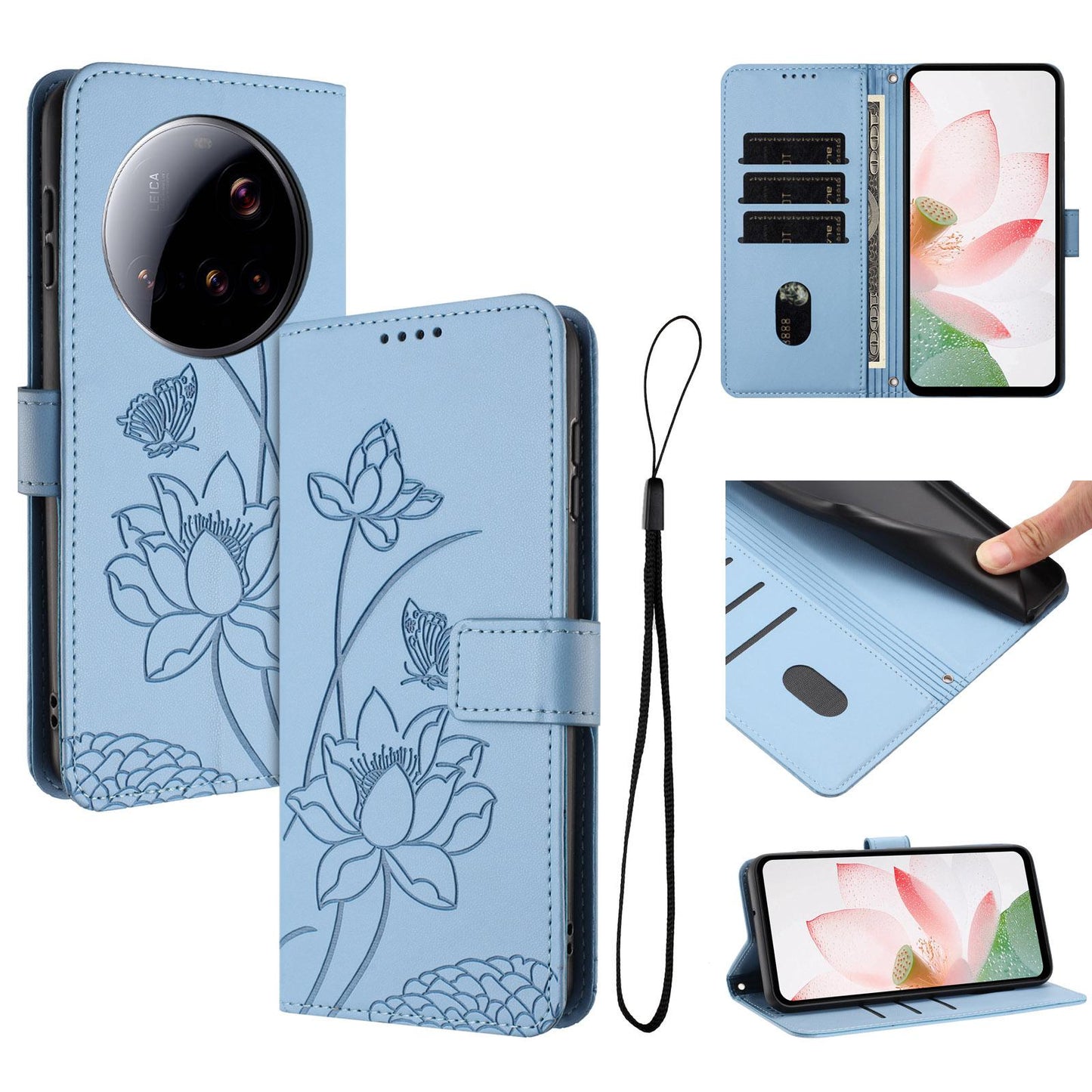 Xiaomi 15 Ultra Lotus Embossed PU Leather Wallet Phone Case with Card Holder, Cash Pocket, Magnetic Flip Stand Cover, Wrist Lanyard Strap, Shockproof TPU Protective Folio Case - Purple