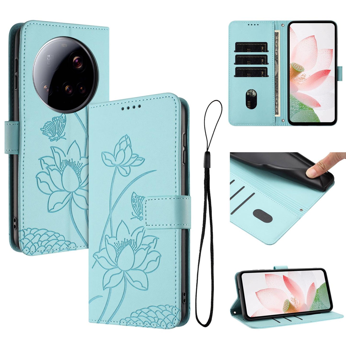 Xiaomi 15 Ultra Lotus Embossed PU Leather Wallet Phone Case with Card Holder, Cash Pocket, Magnetic Flip Stand Cover, Wrist Lanyard Strap, Shockproof TPU Protective Folio Case - Purple